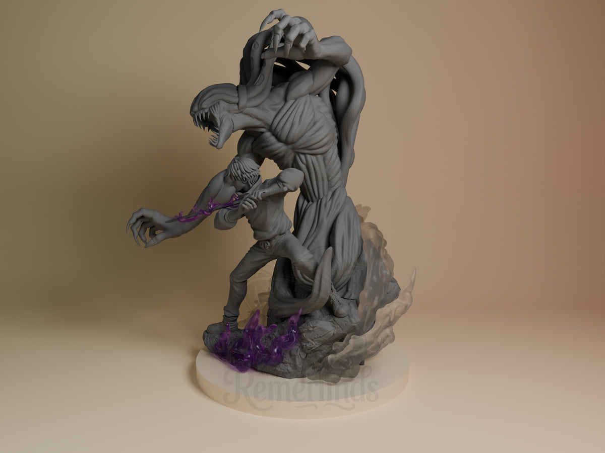 Yuta and Rika resin figure from Jujutsu Kaisen in dynamic pose, unpainted gray with purple accents, side angle view on rocky base.