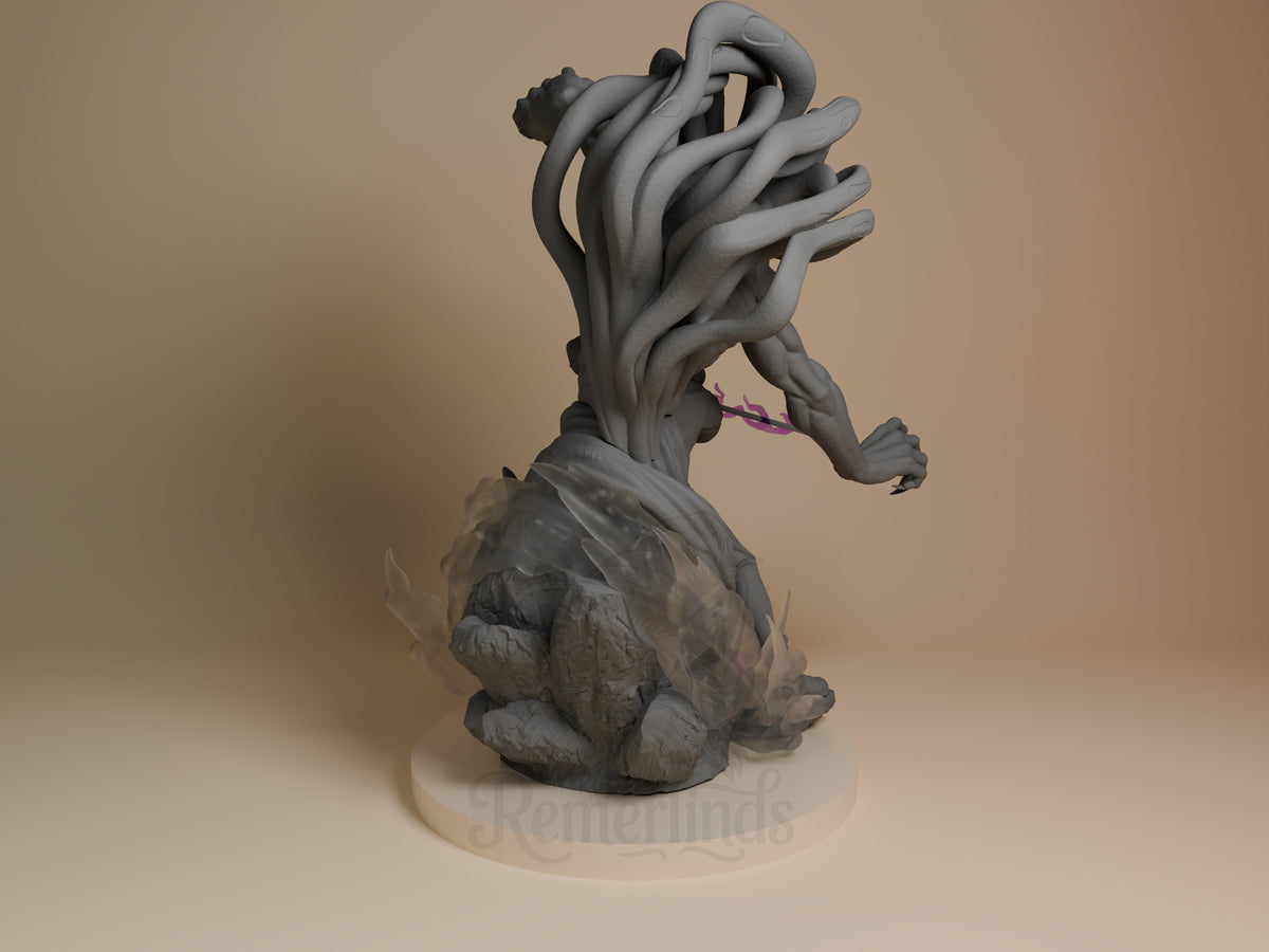 Yuta and Rika resin figure from Jujutsu Kaisen, back view showing unpainted gray resin with detailed hand gestures and textured base, purple accent paint visible.