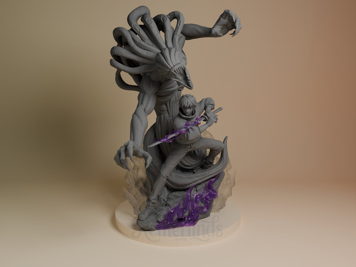Yuta and Rika resin figure from Jujutsu Kaisen, front view showing unpainted gray resin with purple painted accents on base and weapon, dynamic posed composition.