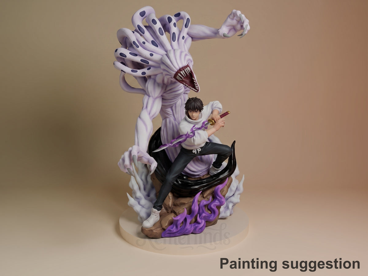 Yuta and Rika resin figure from Jujutsu Kaisen, painted in purple and white tones, featuring Yuta posed dynamically with a weapon while Rika looms above on a flame-detailed base.