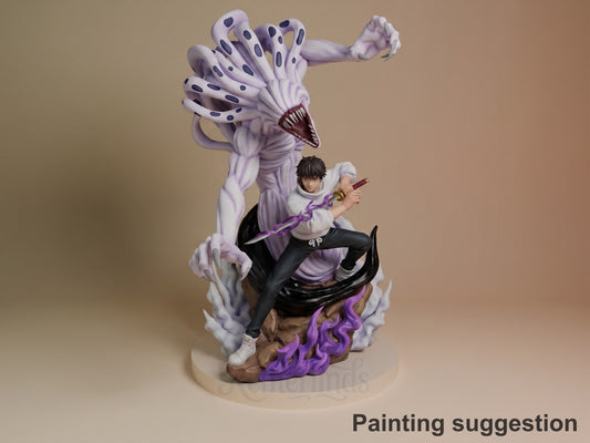 Yuta and Rika resin figure from Jujutsu Kaisen, painted in purple and white tones, featuring Yuta posed dynamically with a weapon while Rika looms above on a flame-detailed base.