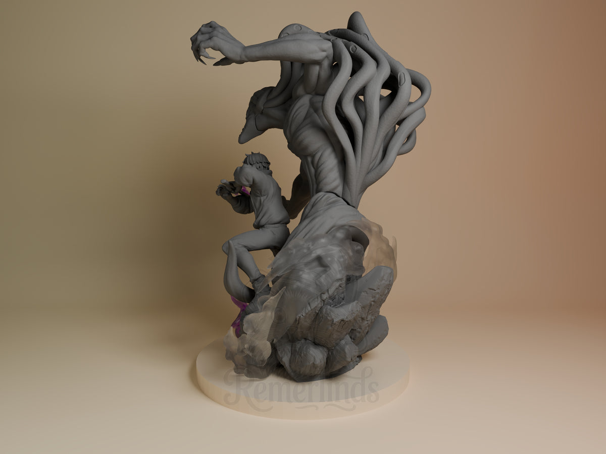 Yuta and Rika resin figure from Jujutsu Kaisen shown from left angle, unpainted gray with purple accents, dynamic poses on textured base.
