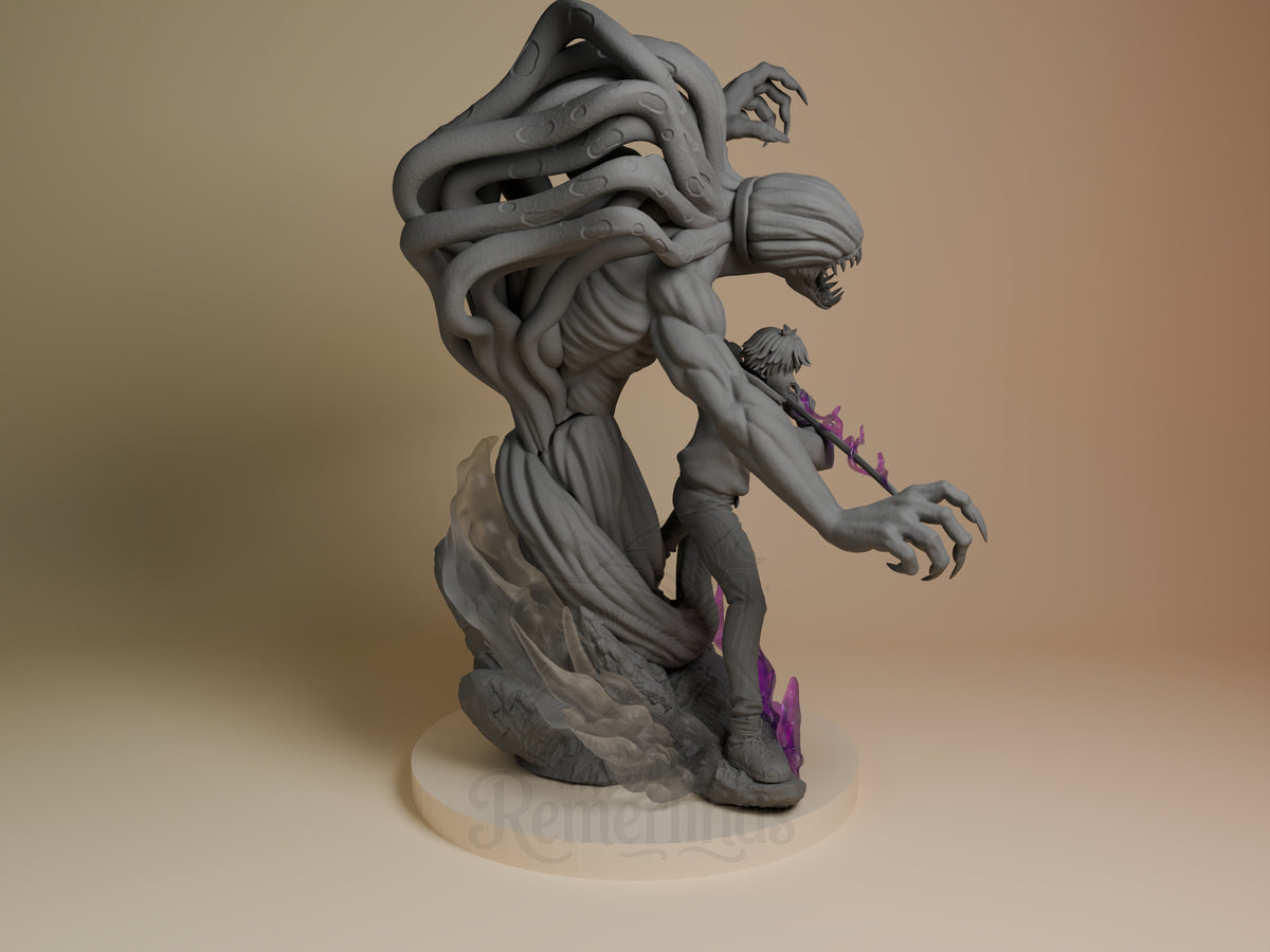 Yuta and Rika resin figure from Jujutsu Kaisen shown from the right side, featuring unpainted gray resin with purple painted accents, dynamic intertwined pose on cream base.