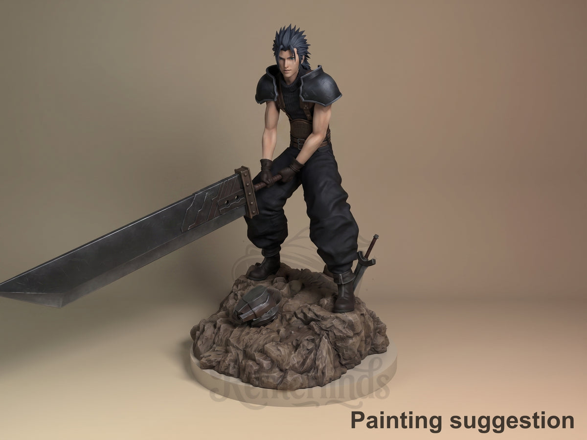 Painted Zack Fair from Final Fantasy resin figure grips a giant sword on a rocky base.