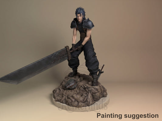 Painted Zack Fair from Final Fantasy resin figure grips a giant sword on a rocky base.