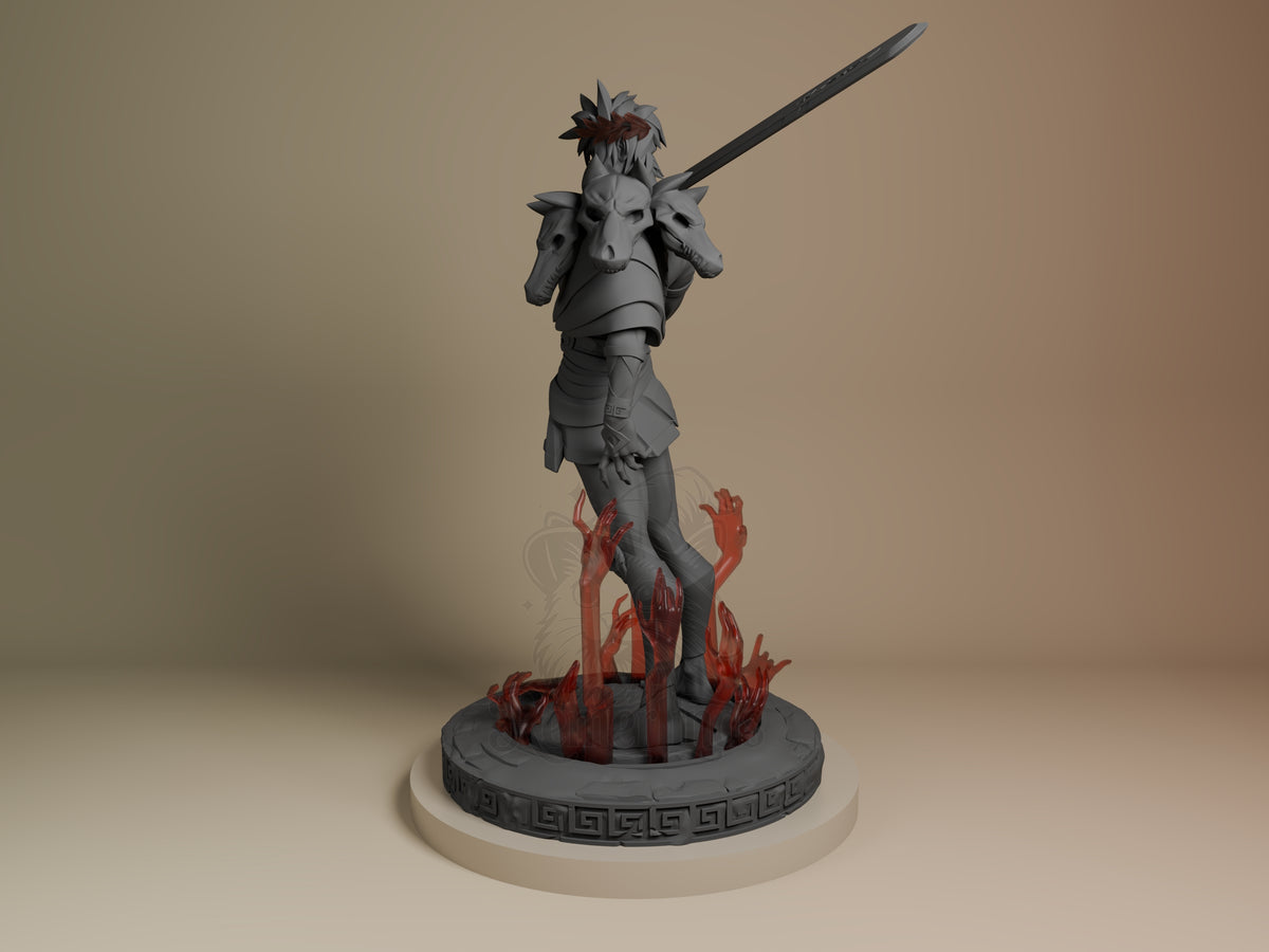 Zagreus resin figure from Hades at an angle view, unpainted gray with red accents on base, holding spear aloft, decorative Greek-patterned base included.