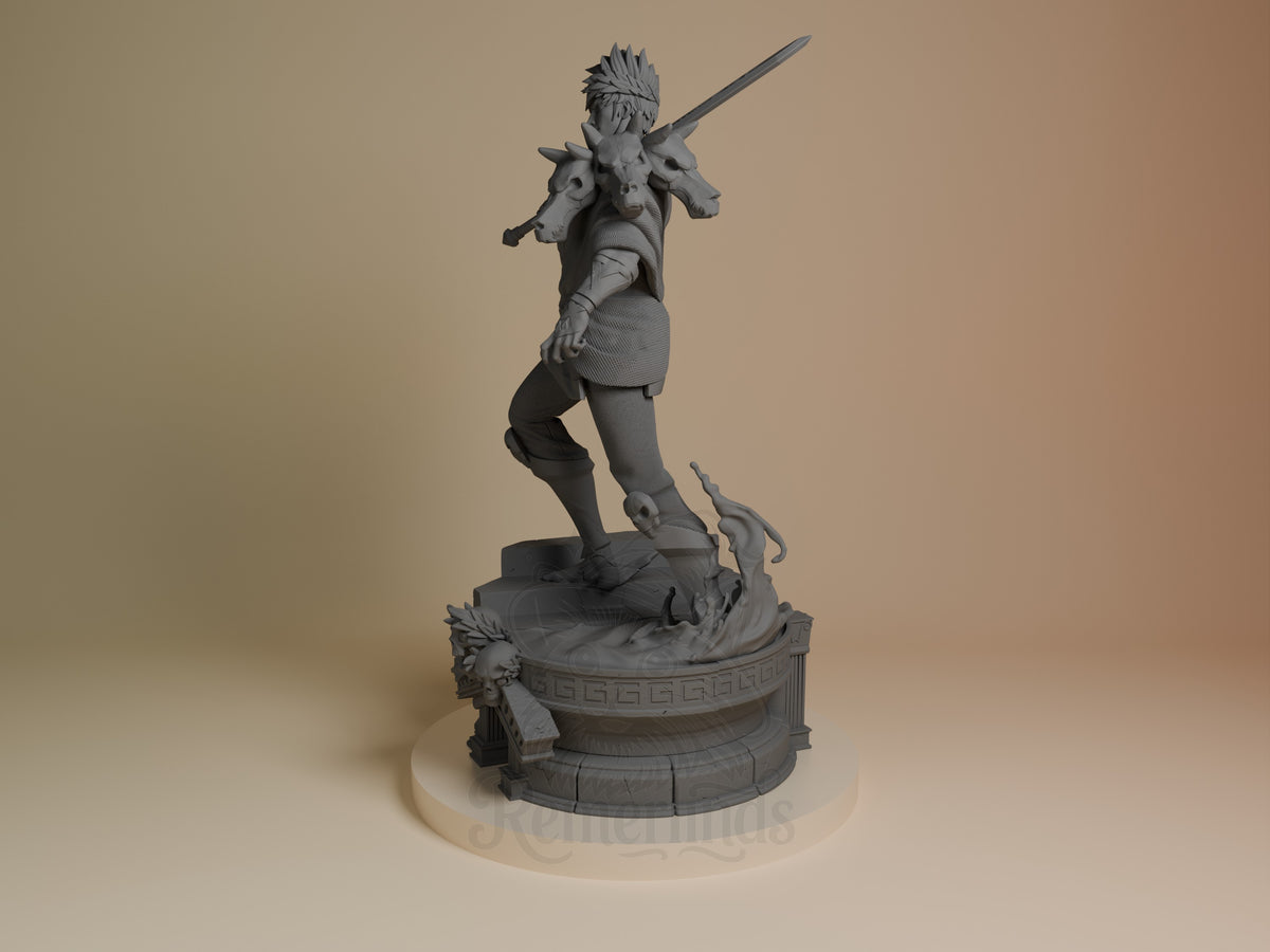 Zagreus resin figure from Hades shown at angle, unpainted gray, wielding sword and spear on ornate circular base with Greek detailing.