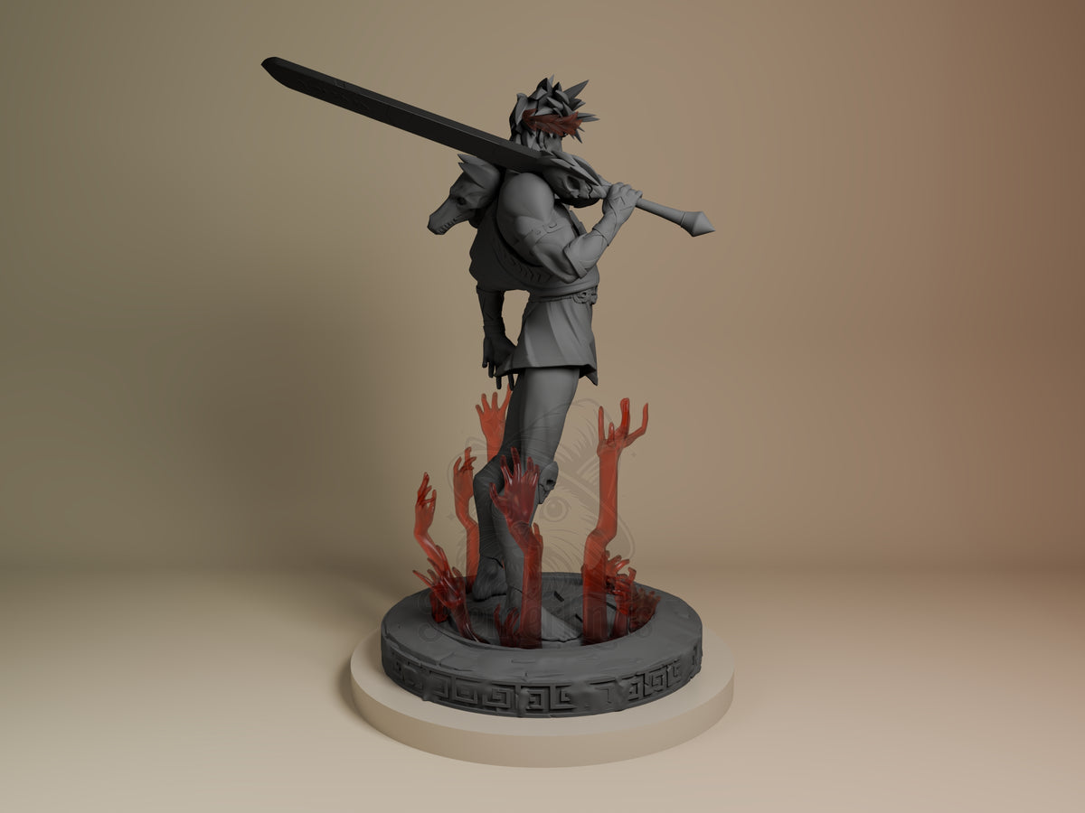 Zagreus resin figure from Hades shown from behind, wielding sword overhead in dynamic pose, unpainted gray with painted red flames on base, decorative rim detail.