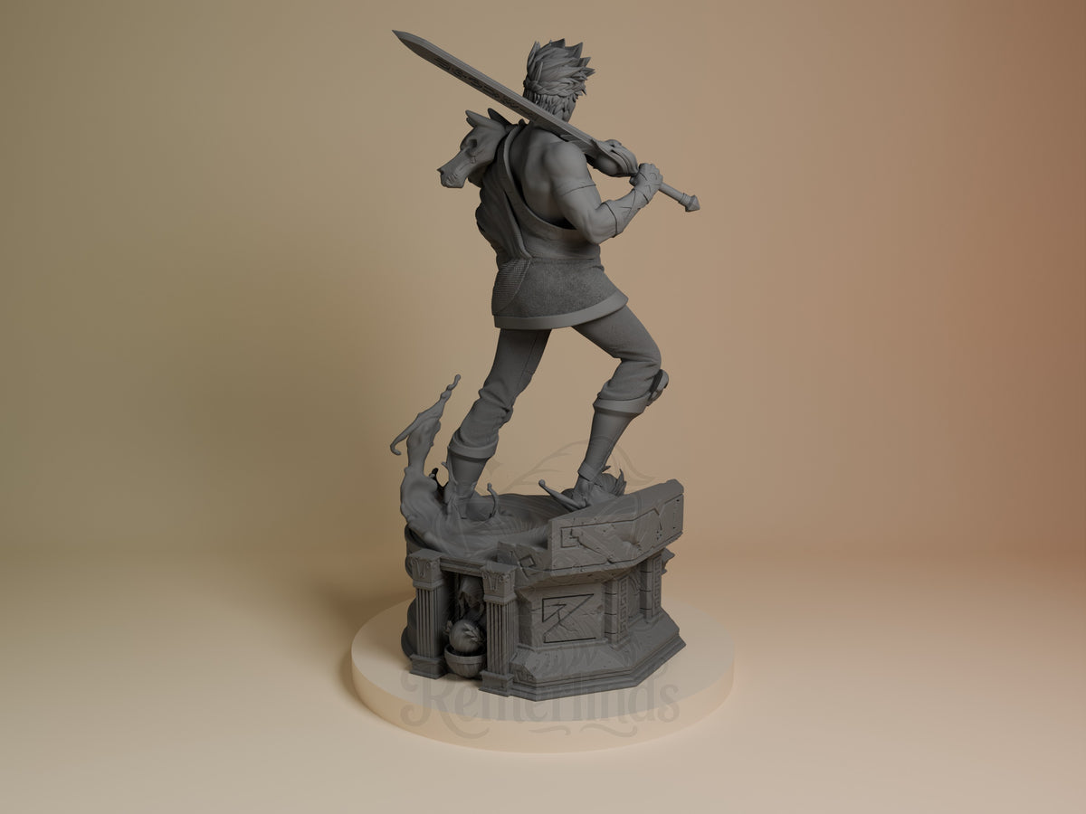 Zagreus resin figure from Hades shown from back angle, wielding sword overhead in dynamic pose atop ornate base, unpainted gray resin.
