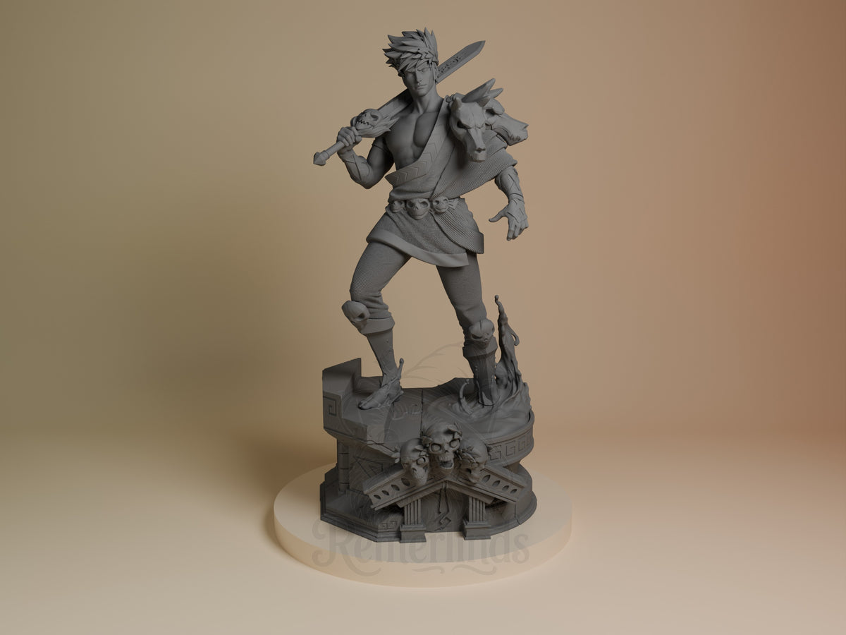 Zagreus resin figure from Hades in unpainted gray, shown from front in dynamic pose with sword raised, standing on ornate base with skull detail.