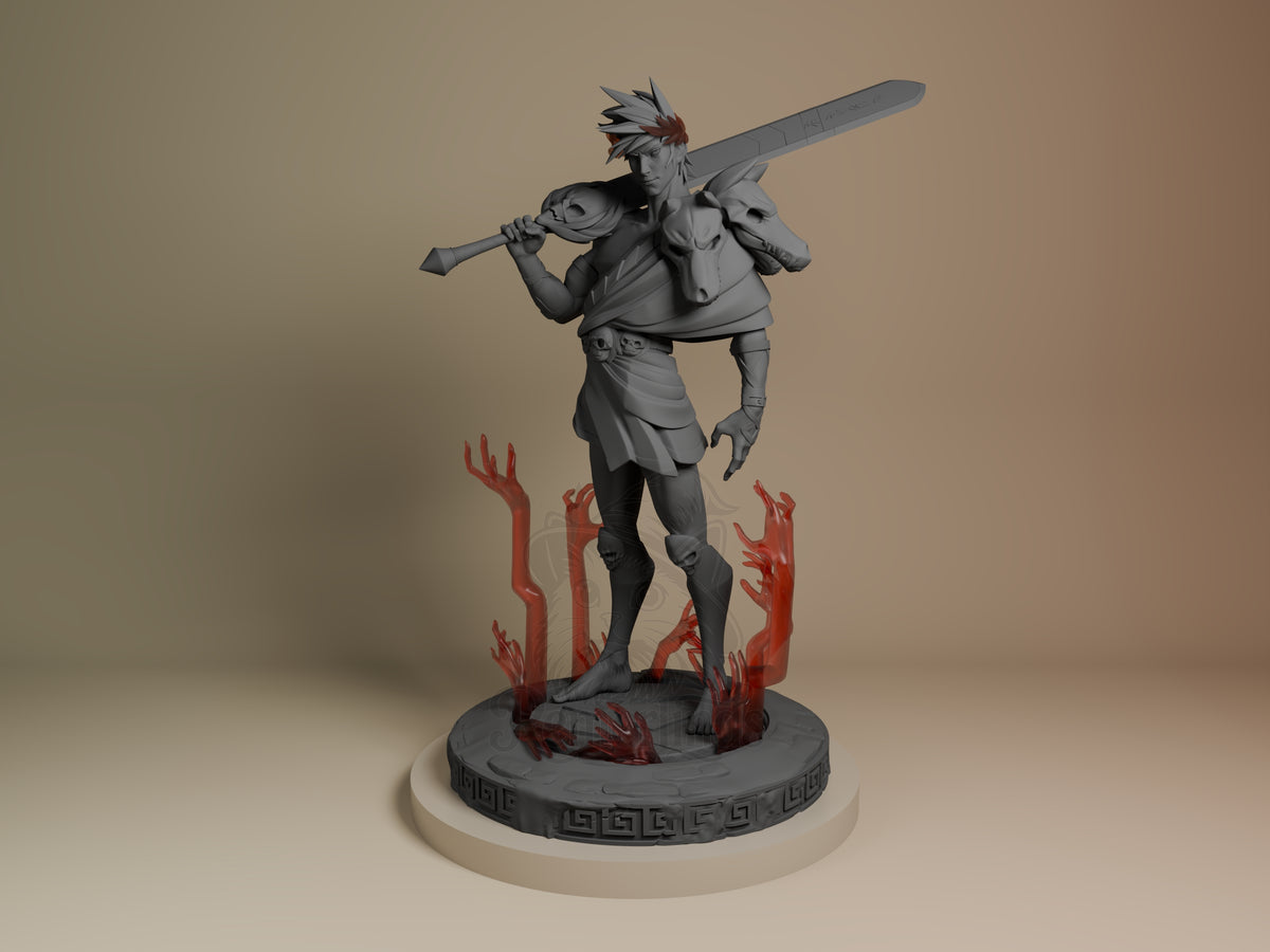 Zagreus resin figure in dynamic pose wielding sword and shield, standing on flame-detailed base with Greek pattern rim, unpainted gray finish.