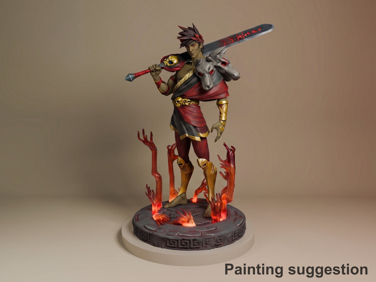 Zagreus resin figure in dynamic pose holding weapons, painted in red and gold on flame-detailed base, front three-quarter view.