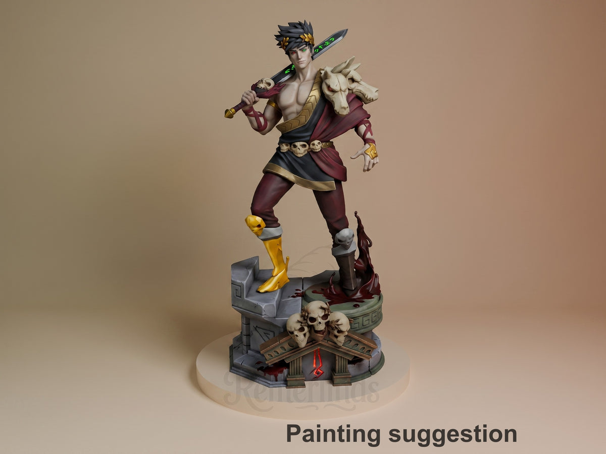 Zagreus resin figure painted in burgundy and gold armor, holding sword aloft on detailed base with skull motif, three-quarter view.