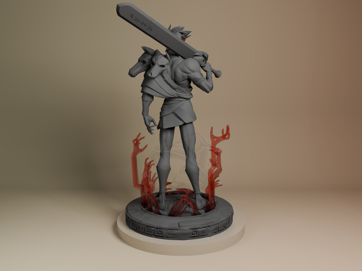 Zagreus resin figure from Hades shown from left angle, wielding sword overhead, unpainted gray with red painted flames on base, mounted on circular platform.