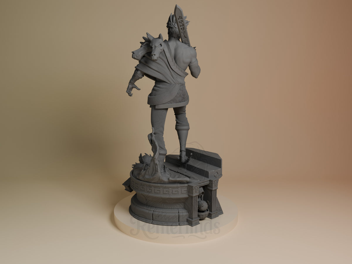 Zagreus resin figure from Hades shown from left angle, unpainted gray, wielding sword and holding animal skull, standing on decorative base.
