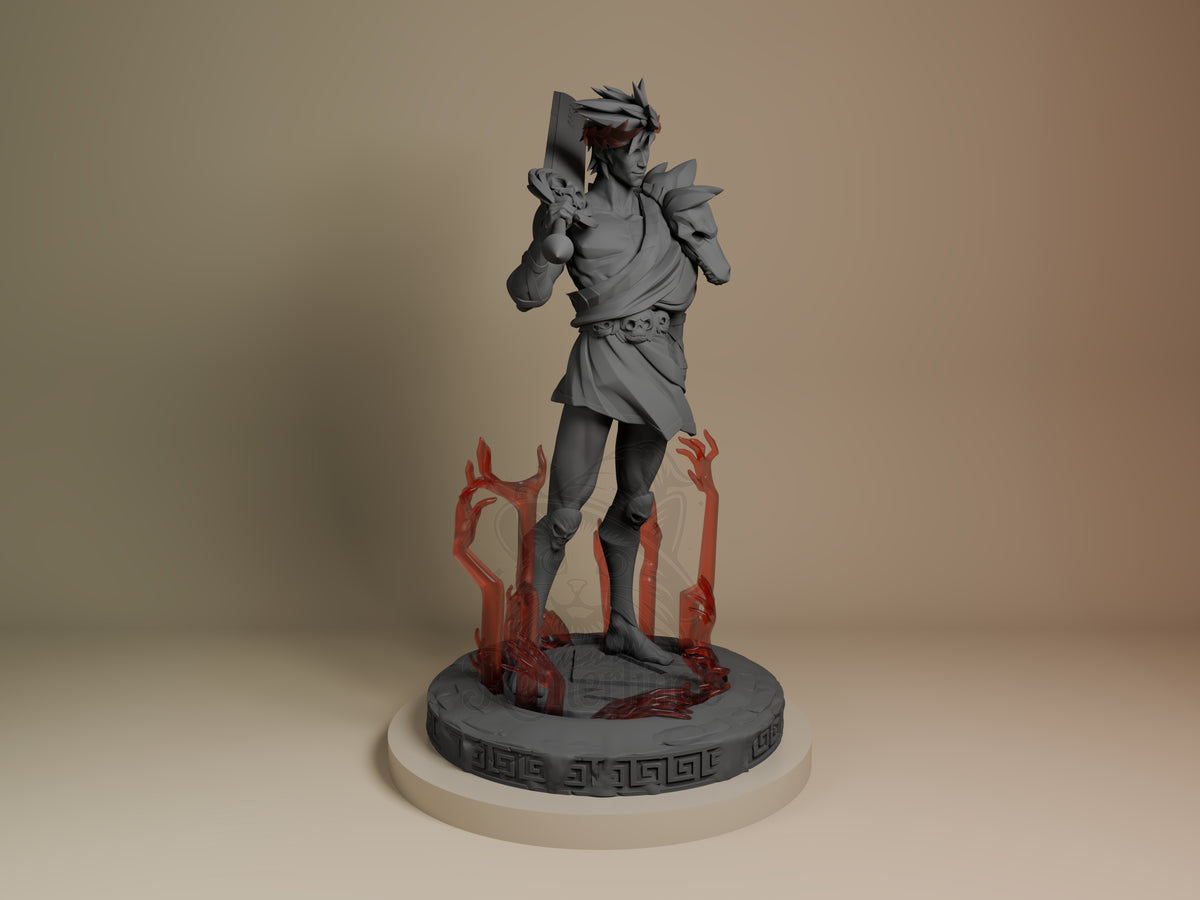 Zagreus resin figure from Hades, standing in dynamic pose on circular base with red demonic spikes, partial red paint detail, gray unpainted torso and limbs.