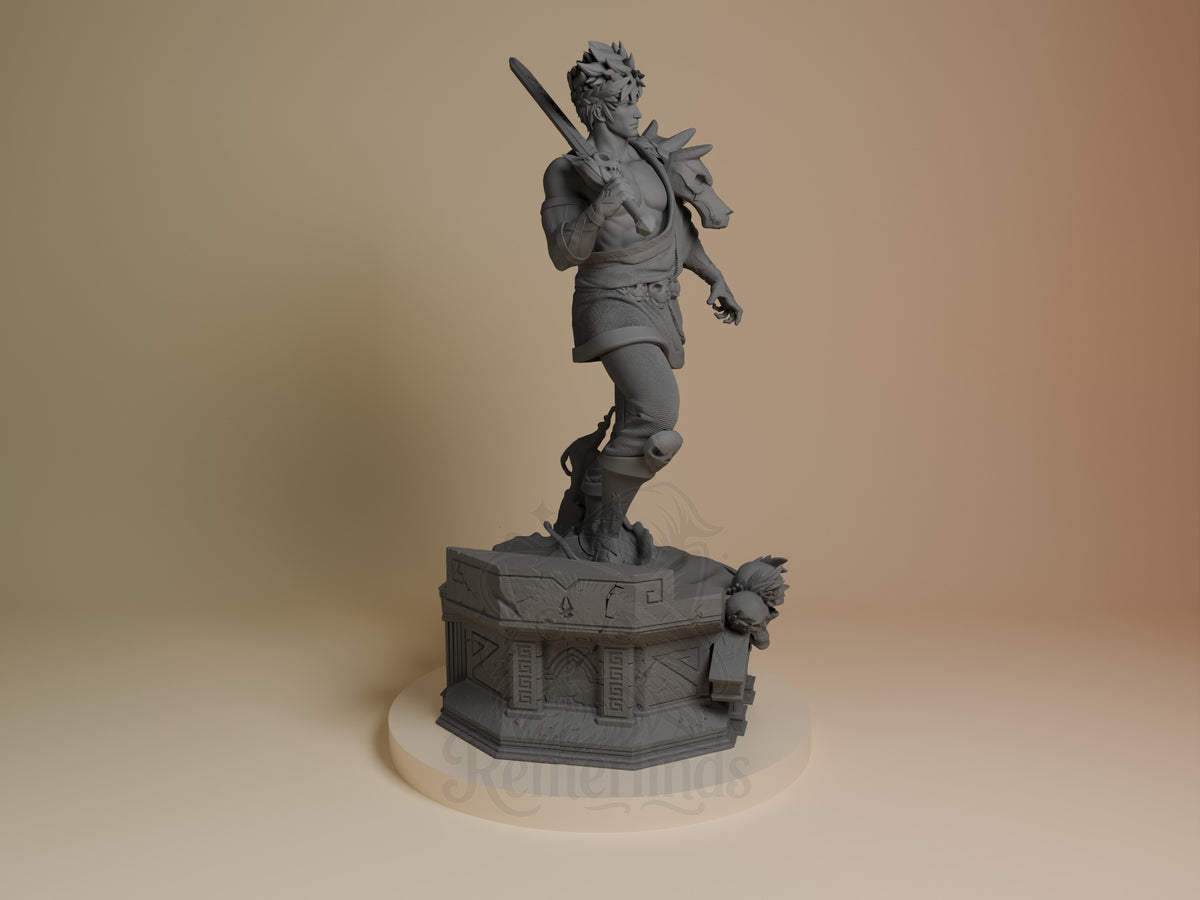 Zagreus resin figure from Hades shown from right side, unpainted gray, dynamic pose with sword raised, ornate base with decorative details.