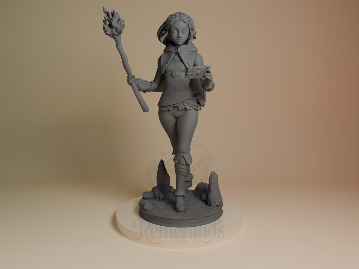 Princess Zalde resin figure from Tales of Daelz, unpainted gray, front view standing on rocky base holding torch and staff.