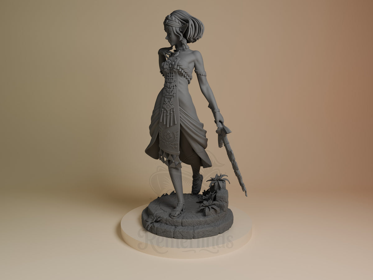 Princess Zalde from Crying Dynasty resin figure shown from side angle, unpainted grey, holding staff with ornate dress and wrapped headpiece on decorative base.