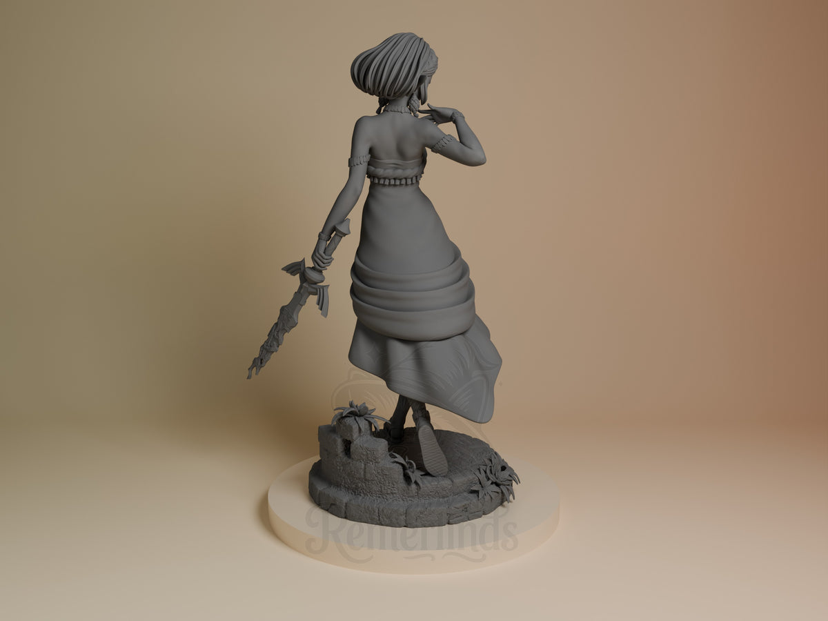Princess Zalde resin figure shown from behind, holding a sword, wearing an ornate dress with layered skirt and belt, unpainted gray finish, textured base.