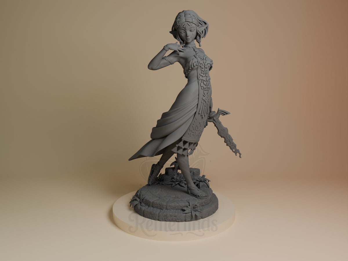 Princess Zalde from Crying Dynasty resin figure shown from front angle in dynamic pose on decorative base, unpainted gray resin.