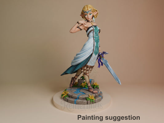 Princess Zalde resin figure painted in teal and white dress, wielding sword, posed on decorated base with flowers, front three-quarter view.