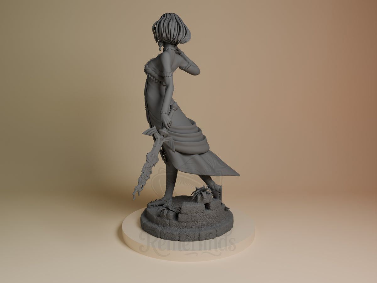 Princess Zalde resin figure shown from left side in standing pose, holding ornate staff, detailed base, unpainted gray finish.