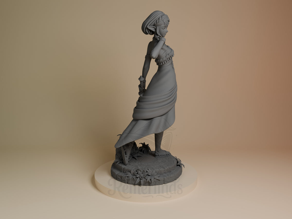 Princess Zalde from Crying Dynasty resin figure shown from right profile, standing pose with flowing cape, unpainted gray resin, decorative base.