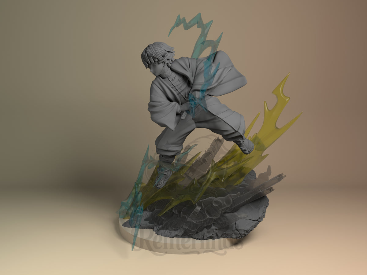 Angled view shows Zenitsu from Demon Slayer, a mostly unpainted resin figure crouching over a sculpted action base.