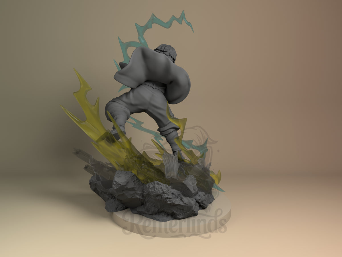 Back view shows Zenitsu from Demon Slayer crouching on a sculpted base as an unpainted resin figure.