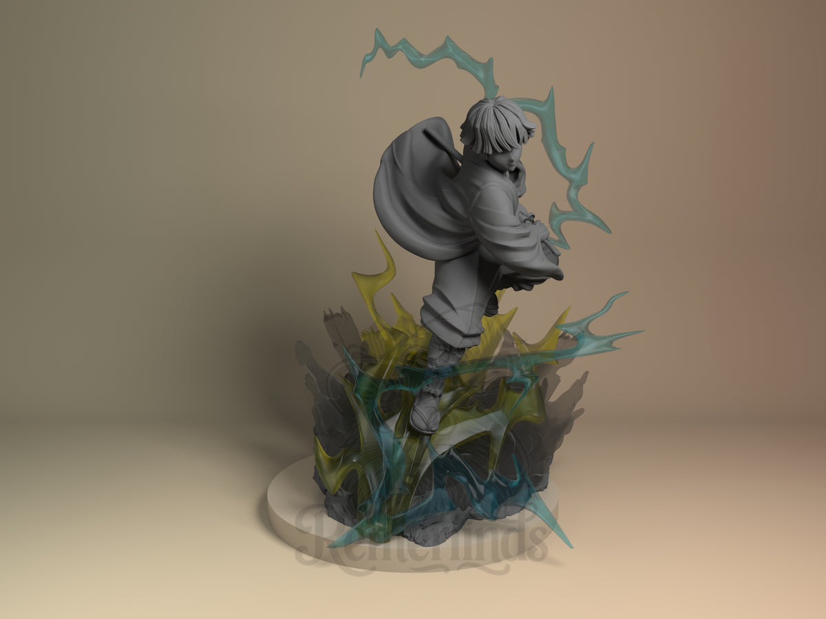 Front three-quarter Zenitsu from Demon Slayer resin figure stands unpainted on a sculpted effects base.