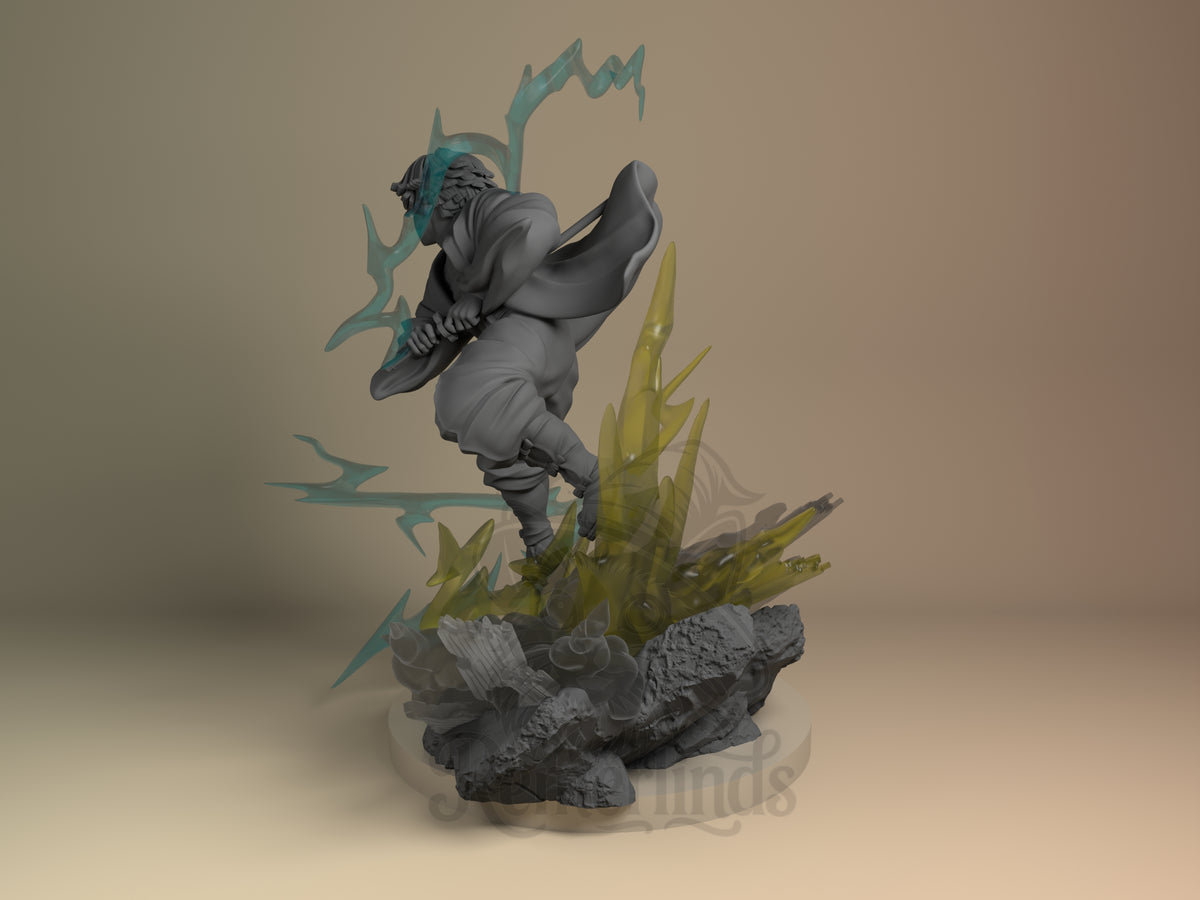 Left-angle Zenitsu from Demon Slayer, a mostly unpainted gray resin figure, poses with sword on a rocky sculpted base.
