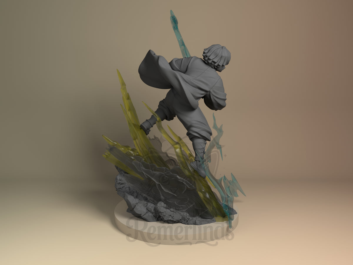 Zenitsu from Demon Slayer leaps above effects on a sculpted base as an unpainted resin figure.