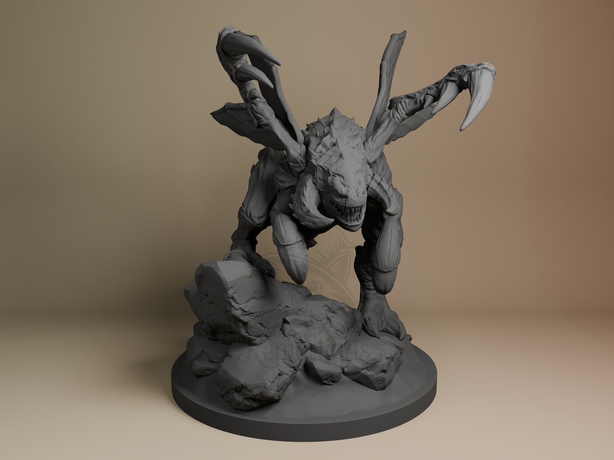 Alien Whelp Starforge Saga 3D printed resin figure by Nomnom, unpainted front view. This resin miniature depicts a fierce alien creature crouched on a rocky base, poised for attack. The design highlights its aggressive stance with detailed claws, spiky armor, and wing-like limbs, capturing the menacing essence of the Starcraft II Zergling from the Starforge Saga series by Nomnom.