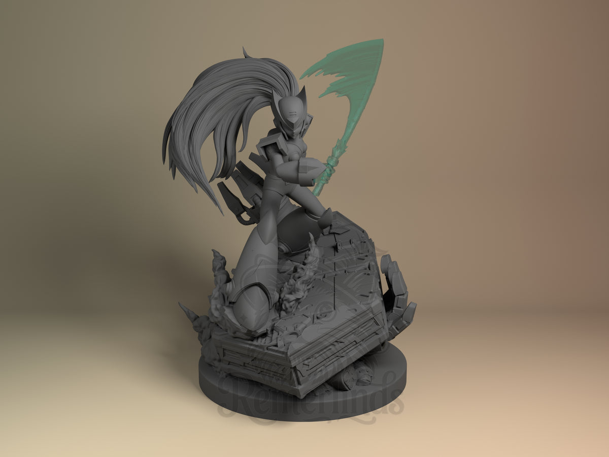 Nullblade Mega Dude 3D printed resin figure by Nomnom, unpainted front view. The figure depicts Nullblade in a dramatic action stance with a large, flowing energy blade raised overhead. The character features intricate armor and a long mane of hair, standing atop a detailed base that includes mechanical debris and smoke effects, emphasizing a battle scene. The overall composition conveys energy, movement, and a futuristic combat theme.