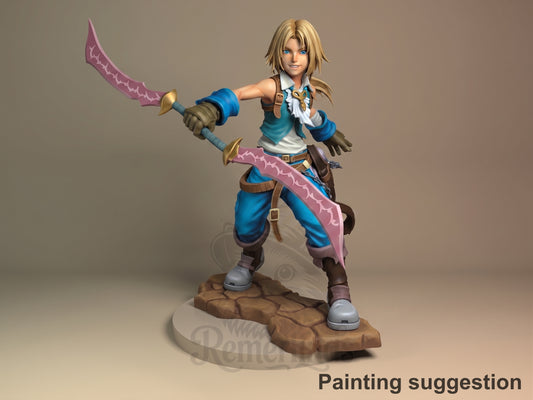 Painted resin figure of Zidane Tribal from Final Fantasy is angled with blades on rocky base.