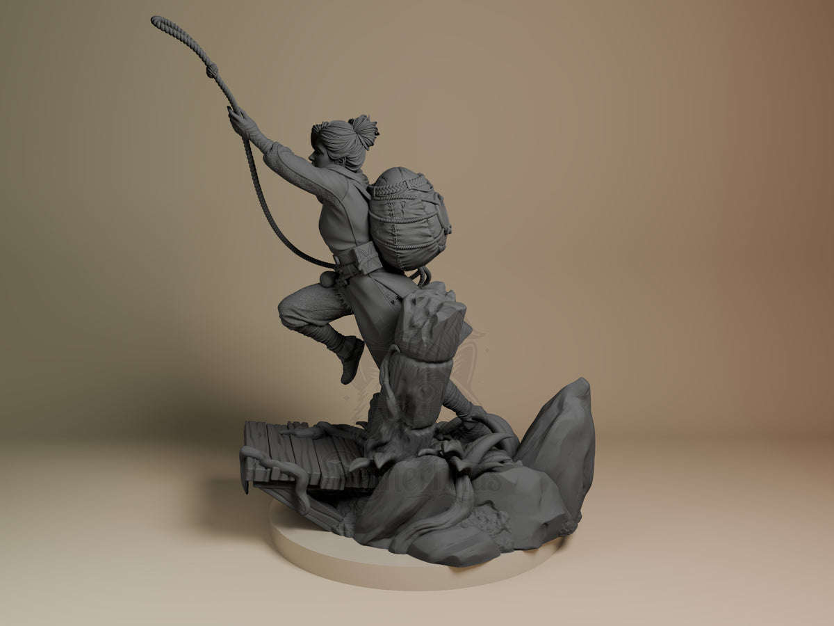 Zoe from Split Fiction resin figure shown at angle, wielding rope and shield while standing on defeated enemy base, unpainted gray finish.