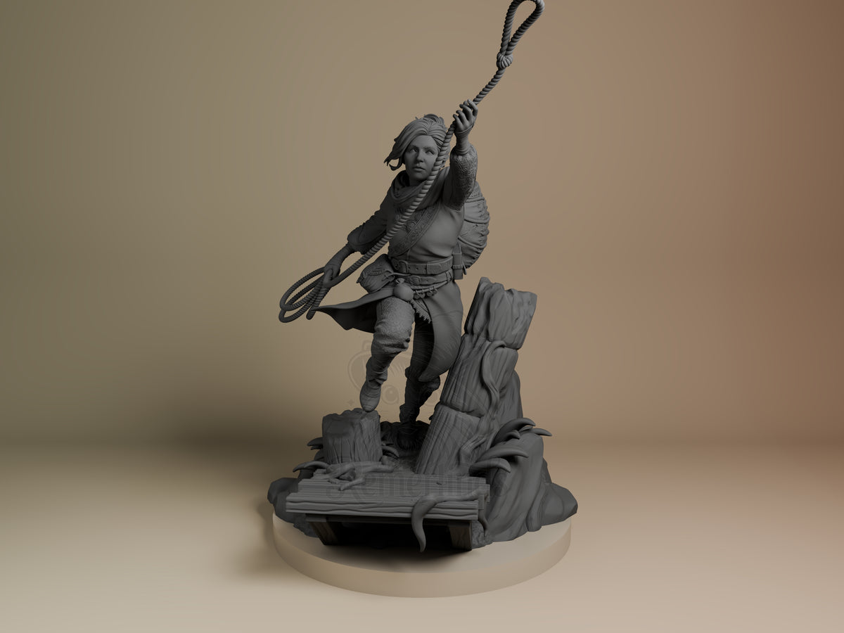 Zoe resin figure from Split Fiction shown front-facing mid-swing with rope, detailed base with wood elements, unpainted gray finish.