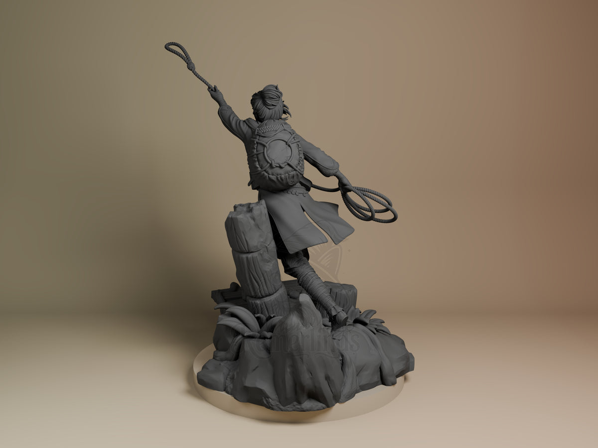 Zoe resin figure from Split Fiction shown from left angle, unpainted gray, mid-leap pose with raised whip and backpack on rocky base.