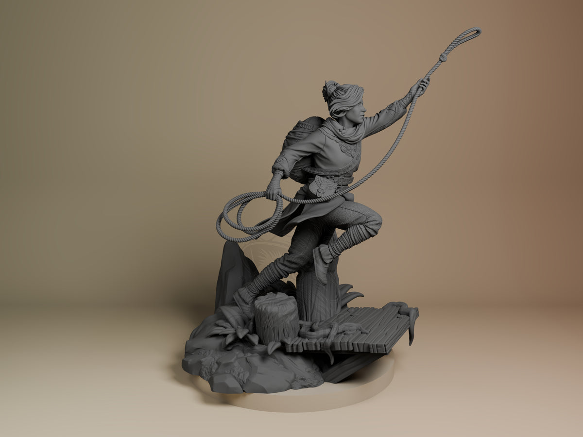 Zoe from Split Fiction resin figure shown from right side in dynamic rope-swinging pose on textured base, unpainted gray resin.