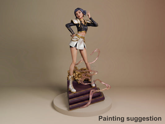 Zoey from KPop Demon Hunters painted resin figure standing on ornate base with pink ribbon details, posed with hand up wearing black and gold outfit.