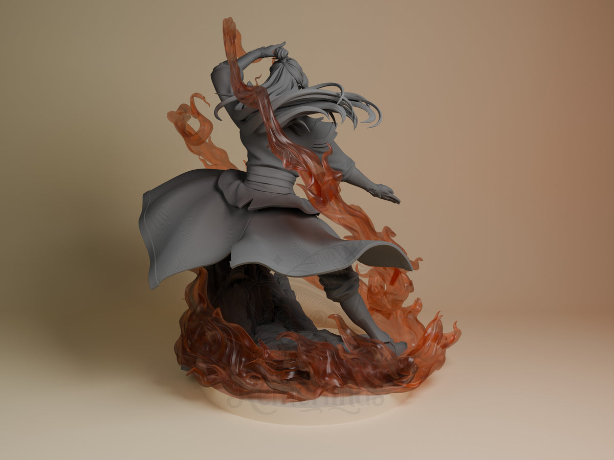 Back view of Zuko from Avatar: The Last Airbender, an unpainted resin figure in a dynamic pose on a sculpted flame base.