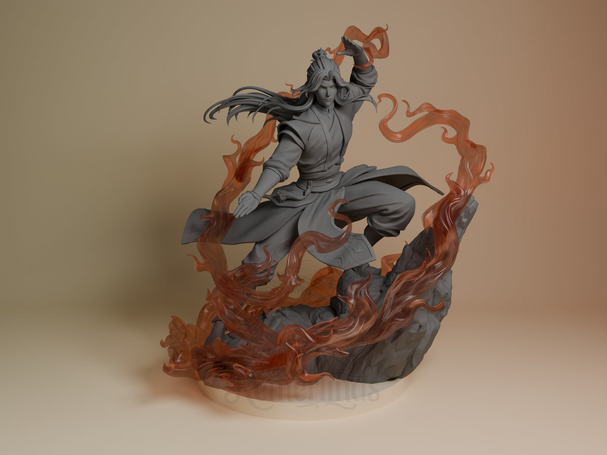 Front-angle Zuko from Avatar: The Last Airbender is an unpainted resin figure crouching with a raised arm on a rocky base.