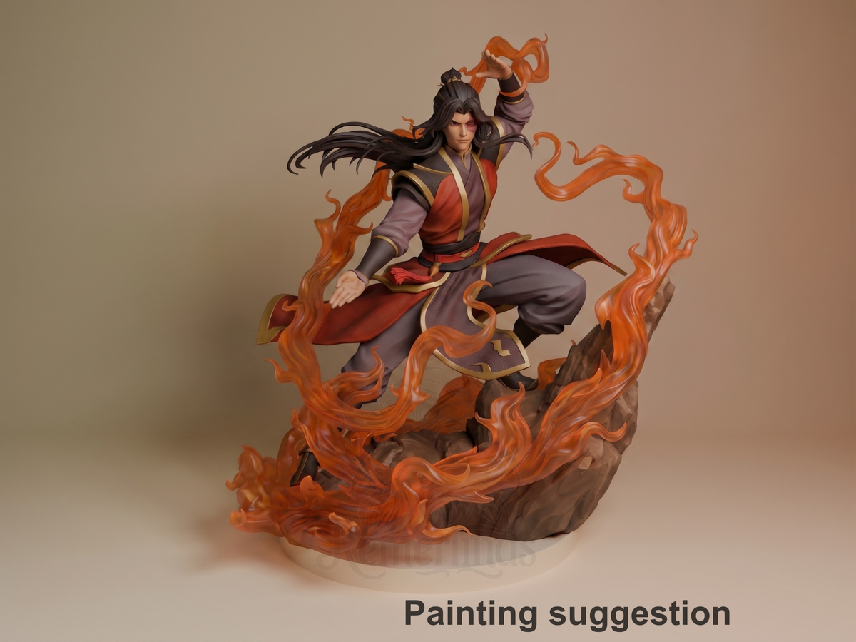 Painted Zuko from Avatar: The Last Airbender resin figure crouches with raised hand on a rocky flame base.
