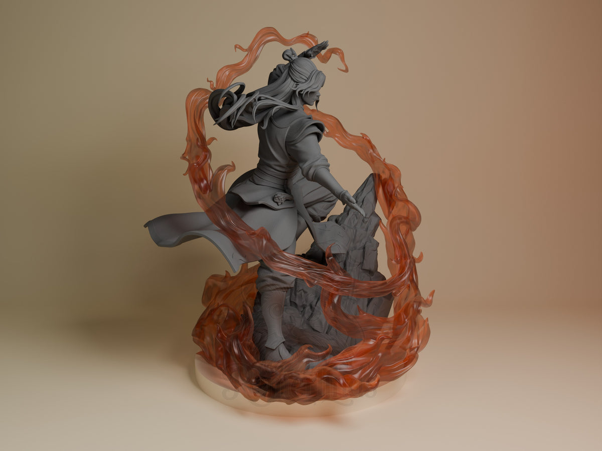 Zuko from Avatar: The Last Airbender appears as an unpainted resin figure in side pose, with flames and a rocky base.
