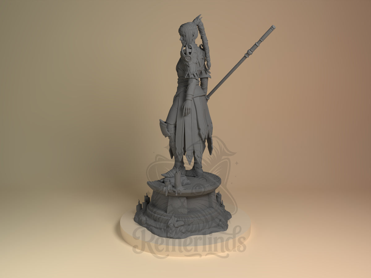female cleric classic fantasy roleplaying setting 3D printed resin figure by Nomnom, angled view showing dimensional details.