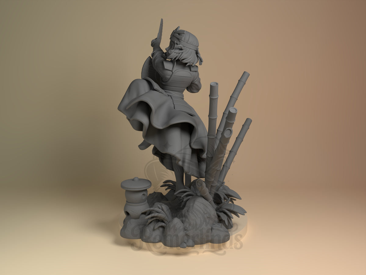Rear angle shows Siku from Avatar: The Last Airbender, an unpainted resin figure with raised sword and sculpted bamboo base.
