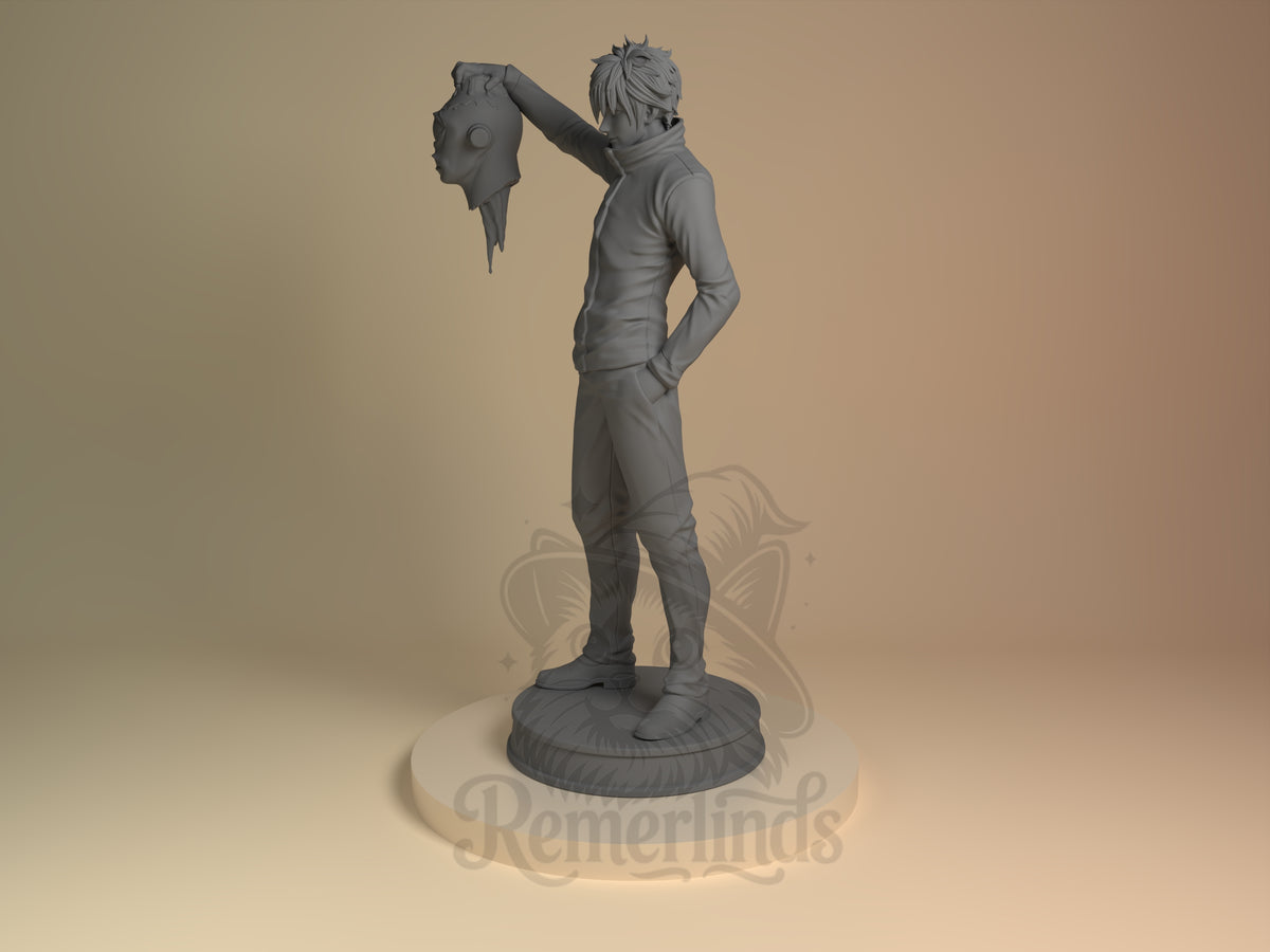 Angled Satoru Goju from Jujutsu Kaisen is an unpainted resin figure holding a mask above a base.