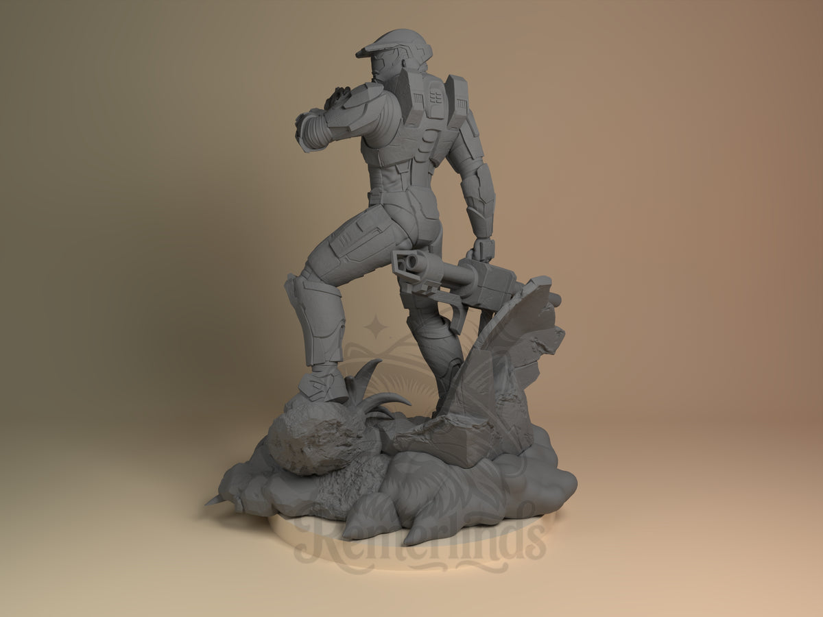 Chief Guardian Sacred Ring Saga 3D printed resin figure by Nomnom, angled view showing dimensional details.