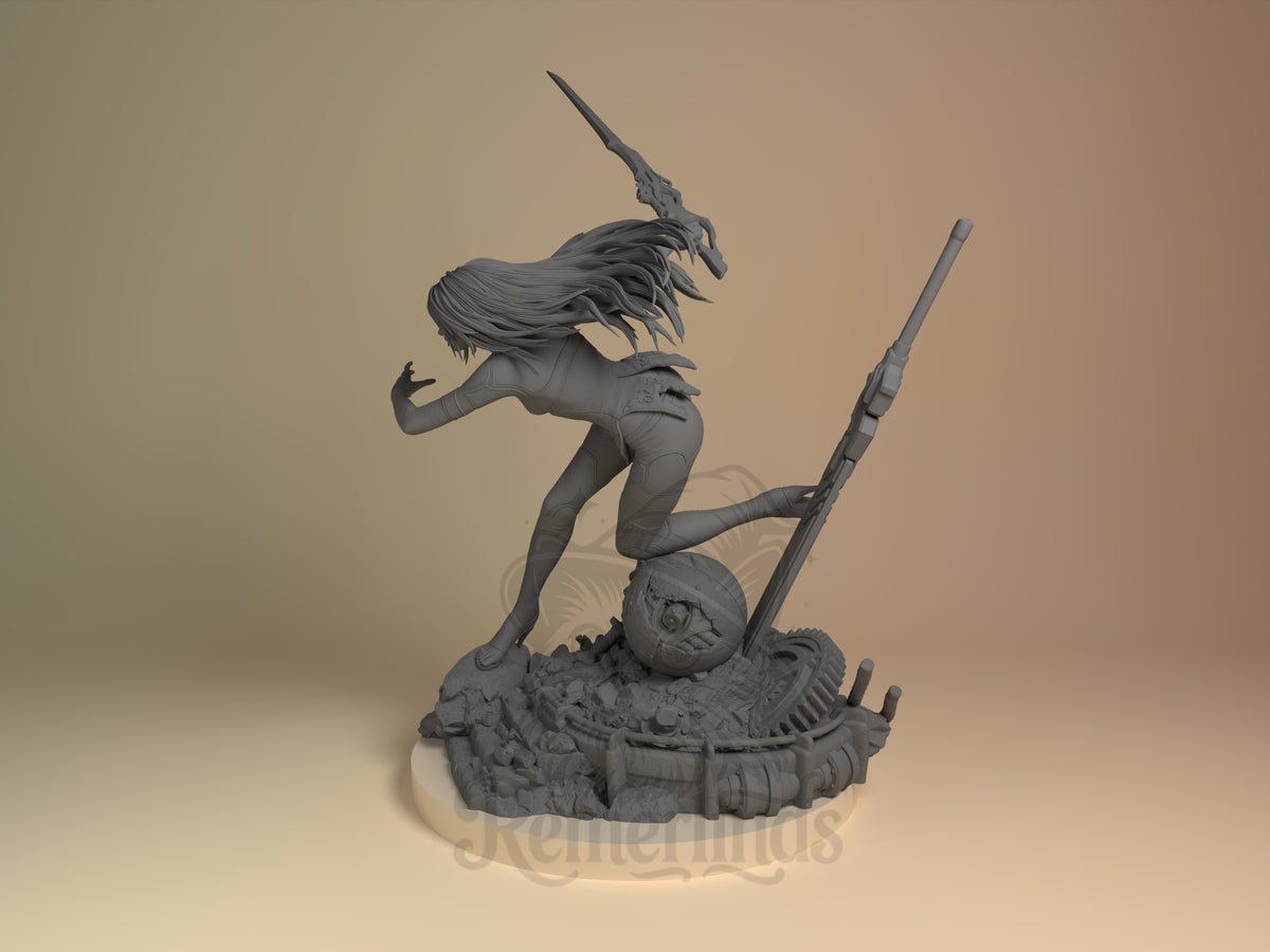 Android Warrior NieR: Automata 3D printed resin figure by Nomnom, angled view showing dimensional details.